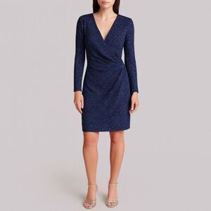 NWT Reggio Millennium 2000 Navy Sparkle Wrap Dress Size 10 Long Sleeve Ruched